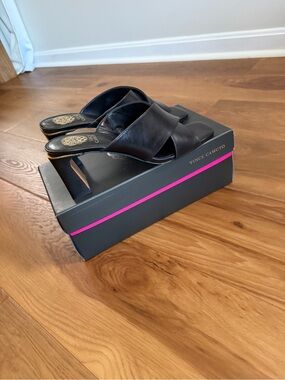 Vince Camuto Black Leather Cross-Band Slide Mules